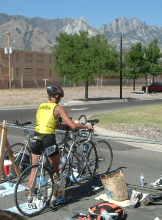 Parking the bike (finally!) and getting ready to swim